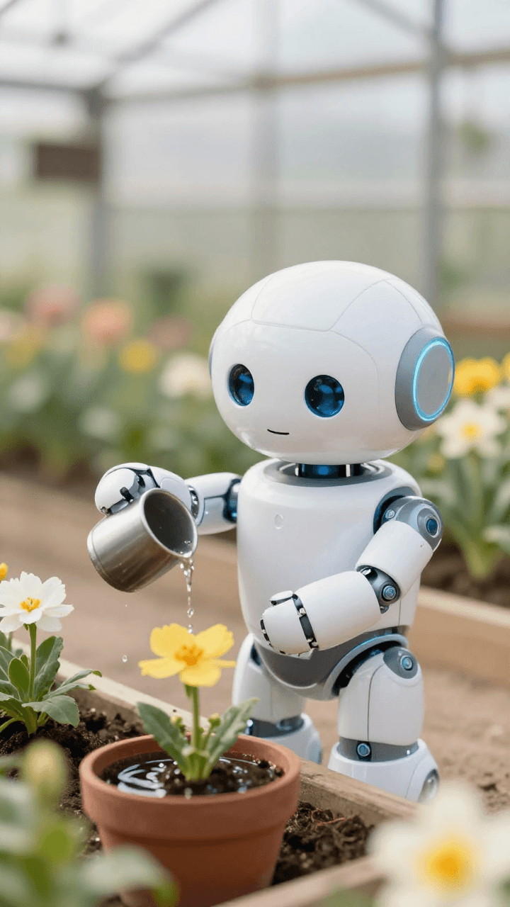 온실에서 화분에 물을 주는 귀여운 로봇