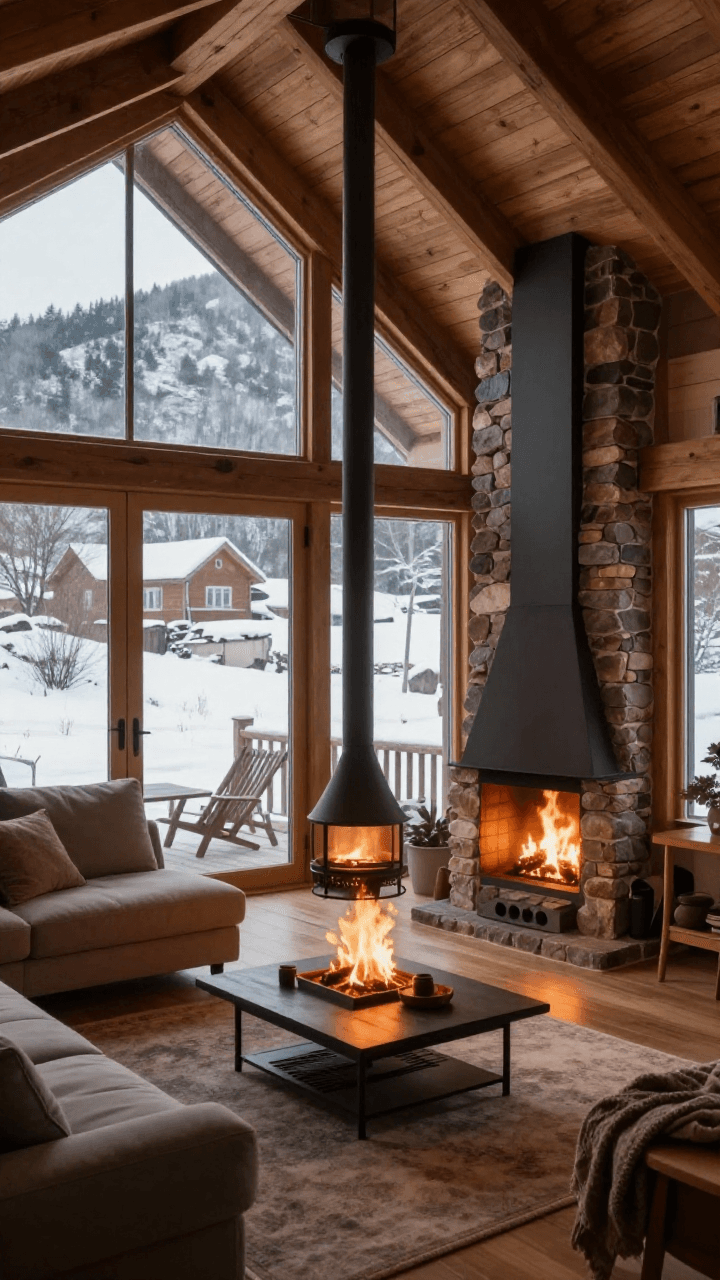 눈 덮인 산장과 따뜻한 벽난로가 있는 아늑한 거실