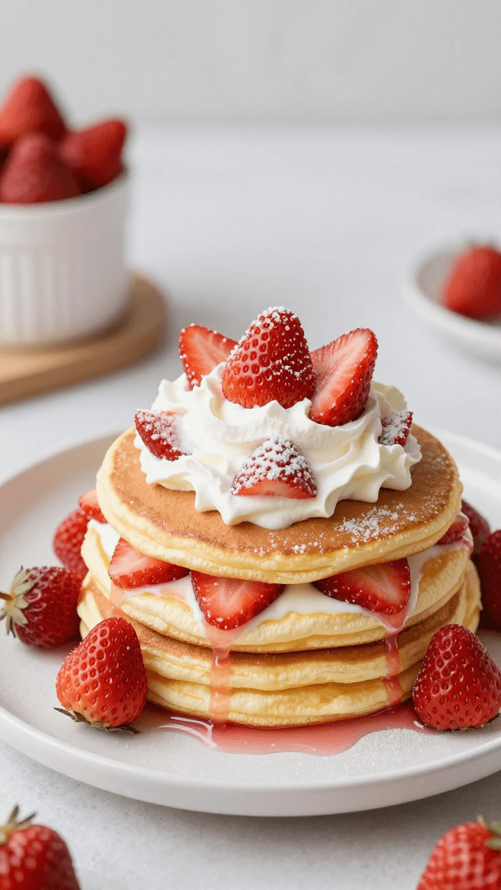 딸기와 생크림이 듬뿍 올라가 있는 팬케이크