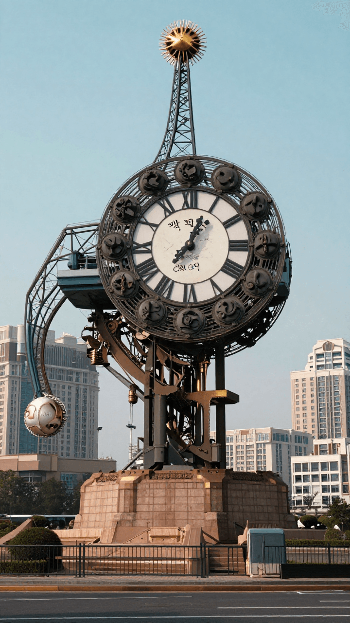 거대한 시계 장치로 움직이는 스팀펑크 도시 전경