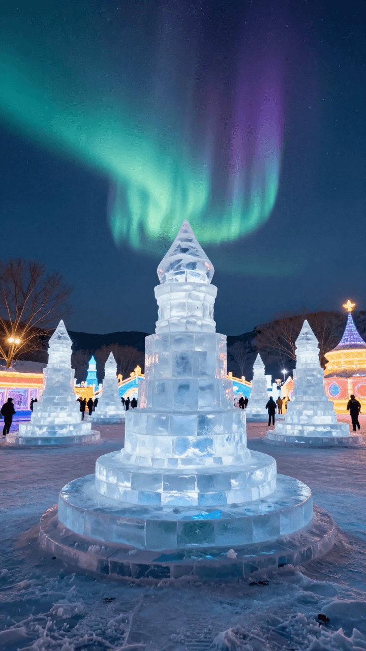 겨울 축제의 아이스 조각 공원과 오로라 하늘, 반짝이는 야경