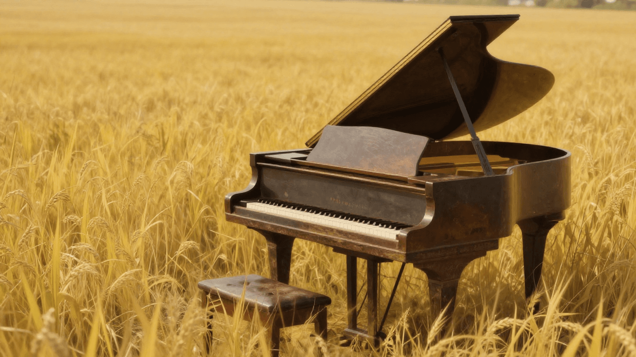 황금빛 밀밭 한가운데 놓인 오래된 피아노, 서정적인 초현실주의
