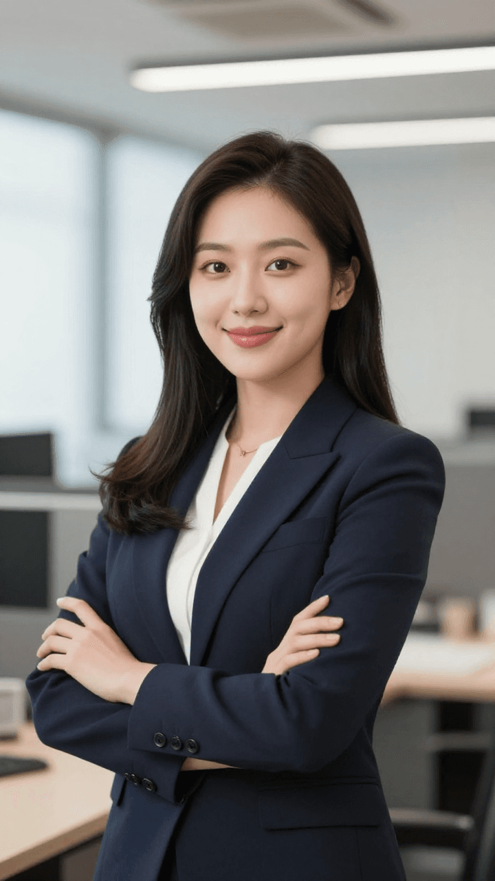 사무실 배경의 전문적인 여성 프로필 사진