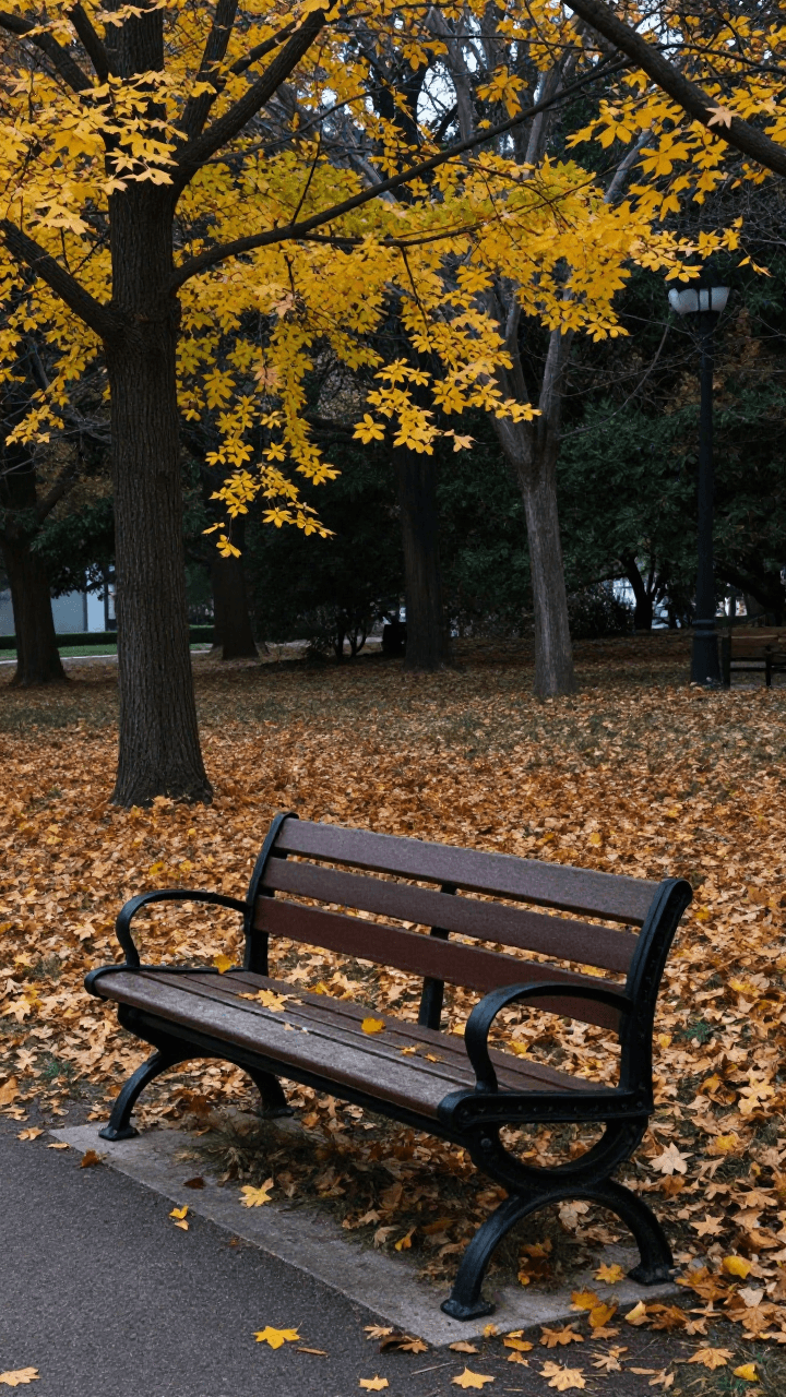 가을 낙엽이 떨어진 공원의 쓸쓸한 벤치