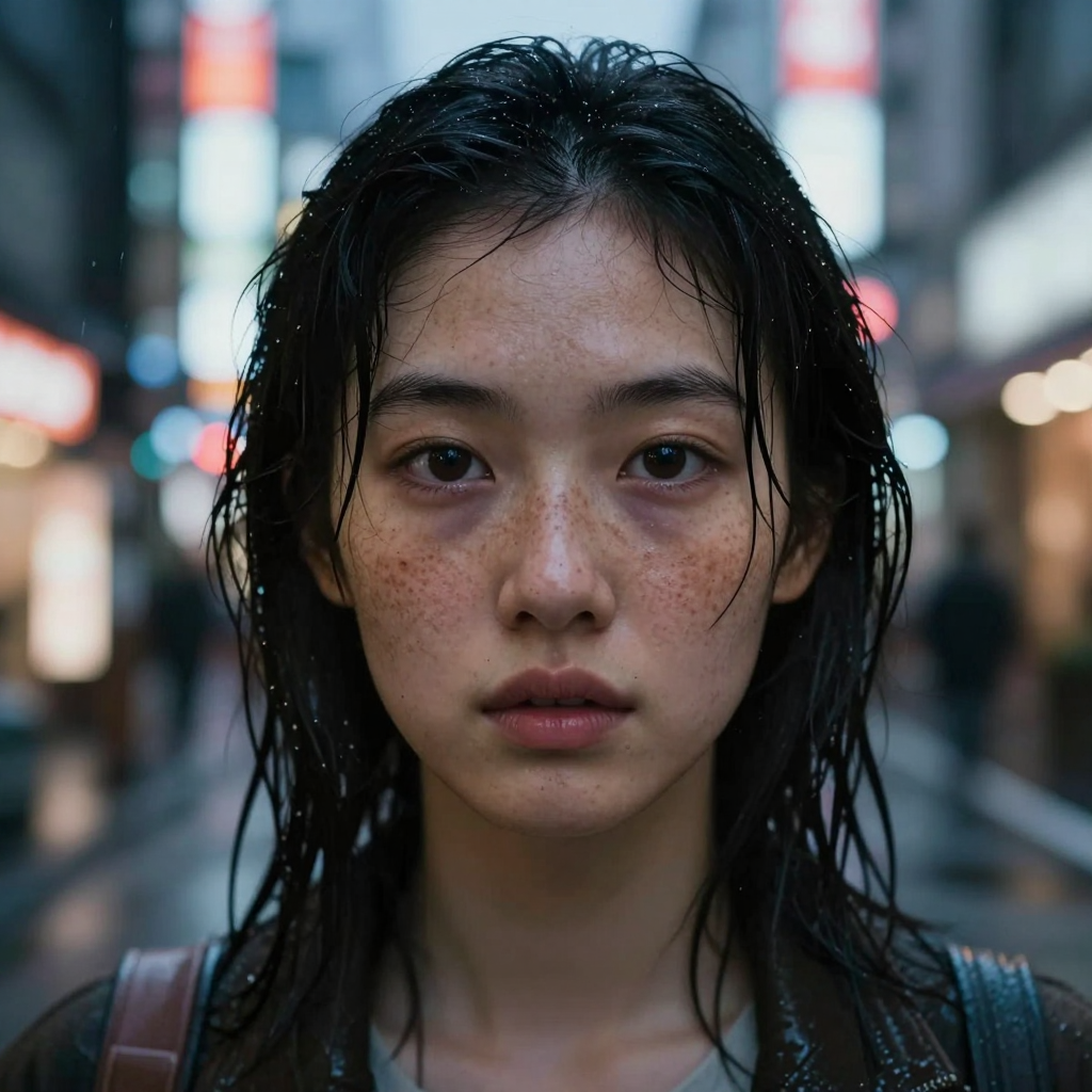A hyper-realistic close-up portrait of a young woman with freckles, standing on a rainy street in Tokyo at night. Neon signs reflecting in her eyes, wet hair, cinematic lighting, bokeh background, shot on Sony A7R IV, 85mm lens, f/1.8, highly detailed skin texture, emotional expression, 8k resolution. A hyper-realistic close-up portrait of a young woman with freckles, standing on a rainy street in Tokyo at night. Neon signs reflecting in her eyes, wet hair, cinematic lighting, bokeh background, shot on Sony A7R IV, 85mm lens, f/1.8, highly detailed skin texture, emotional expression, 8k resolution.