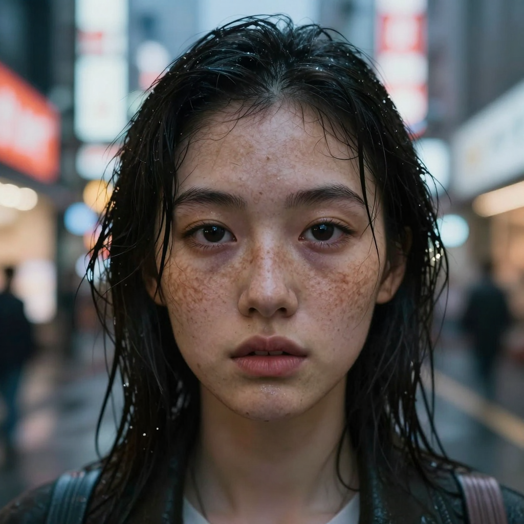 A hyper-realistic close-up portrait of a young woman with freckles, standing on a rainy street in Tokyo at night. Neon signs reflecting in her eyes, wet hair, cinematic lighting, bokeh background, shot on Sony A7R IV, 85mm lens, f/1.8, highly detailed skin texture, emotional expression, 8k resolution. A hyper-realistic close-up portrait of a young woman with freckles, standing on a rainy street in Tokyo at night. Neon signs reflecting in her eyes, wet hair, cinematic lighting, bokeh background, shot on Sony A7R IV, 85mm lens, f/1.8, highly detailed skin texture, emotional expression, 8k resolution.