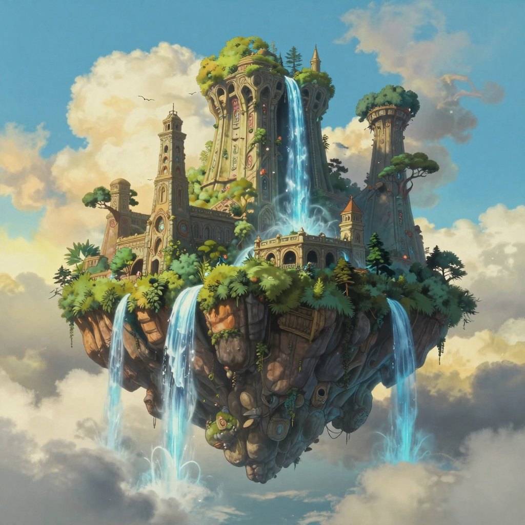 A majestic floating island in the sky, overgrown with lush ancient ruins and glowing blue waterfalls. Dreamy atmosphere, soft golden hour sunlight, volumetric clouds, Studio Ghibli inspired, intricate details, matte painting, trending on ArtStation, 4k, fantasy concept art, masterpiece. A majestic floating island in the sky, overgrown with lush ancient ruins and glowing blue waterfalls. Dreamy atmosphere, soft golden hour sunlight, volumetric clouds, Studio Ghibli inspired, intricate details, matte painting, trending on ArtStation, 4k, fantasy concept art, masterpiece.