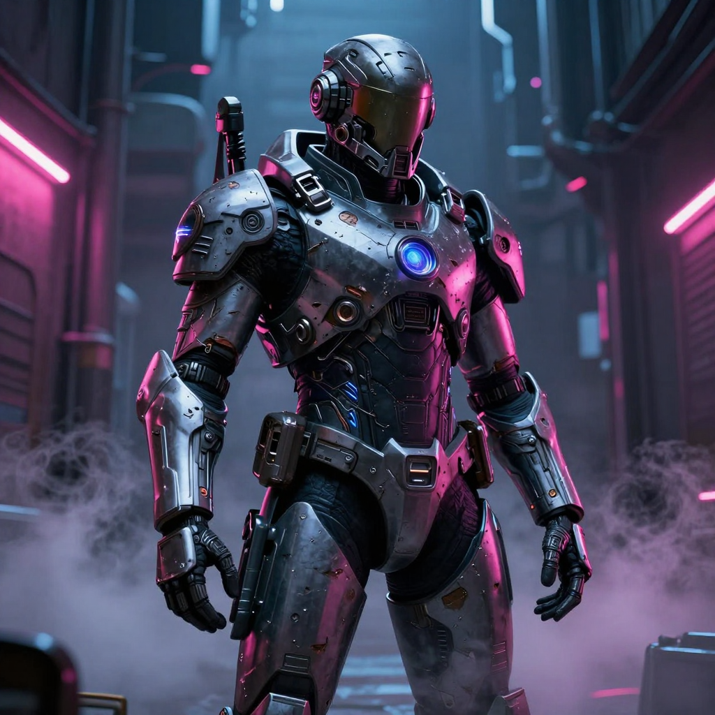 A futuristic cyberpunk mercenary wearing damaged high-tech armor, standing in a dark alleyway with steam rising. Neon pink and blue lighting, volumetric fog, intricate mechanical details, Unreal Engine 5 render, Octane render, dystopian atmosphere, cinematic composition, sharp focus. A futuristic cyberpunk mercenary wearing damaged high-tech armor, standing in a dark alleyway with steam rising. Neon pink and blue lighting, volumetric fog, intricate mechanical details, Unreal Engine 5 render, Octane render, dystopian atmosphere, cinematic composition, sharp focus.