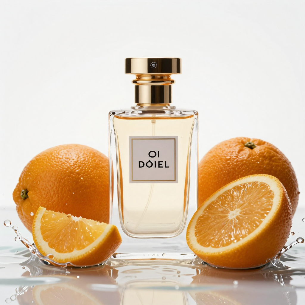 Commercial product photography of an elegant perfume bottle surrounded by fresh citrus fruits and splashing water. High-speed photography, studio lighting, crisp details, advertising quality, professional color grading, elegant and fresh, 8k. Commercial product photography of an elegant perfume bottle surrounded by fresh citrus fruits and splashing water. High-speed photography, studio lighting, crisp details, advertising quality, professional color grading, elegant and fresh, 8k.